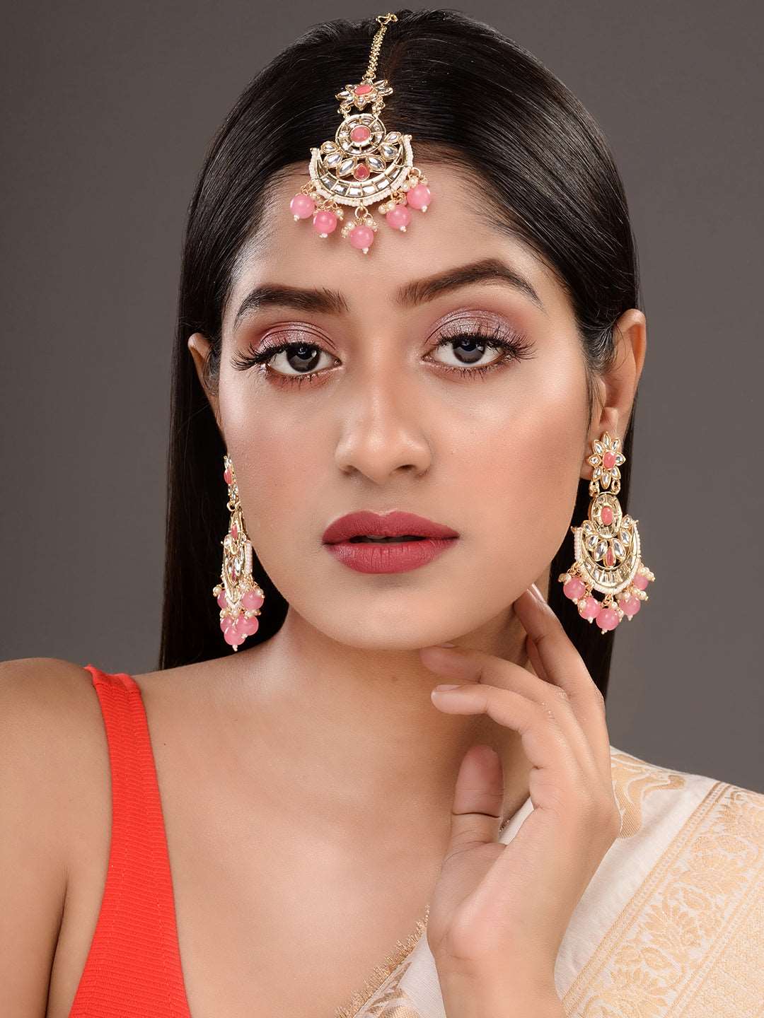 Gold Plated Kundan studded Pink & White Pearl beadded Maangtika Earring Jewellery Set, zaveri pearls, sale price rs, sale price, sale gold plated, sale gold, sale, rubans, ring, regular price